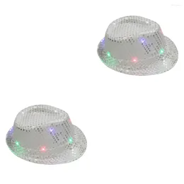 Ball Caps 2pcs LED Luminous Jazz Hat Stage Props Flash Hats With Glitter Sequins Decor For Party (Silver)