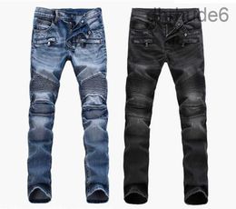 Fashion Men's Foreign Trade Light Blue Black Jeans Pants Motorcycle Biker Men Washing to Do the Old Fold Trousers Casual Runway LTJF