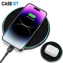 CASEiST OEM Portable 15W Qi Fast Wireless Charger Aluminium Alloy Universal Phone Charging Pad Dock With RGB LED Night Light Lamp For iPhone Samsung Airpods 2 3 Pro