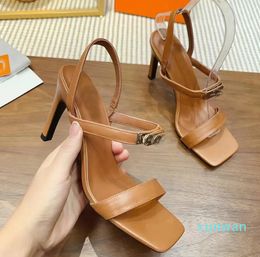 High quality Designer sandals Leather square toe stiletto Heels Metal buckle