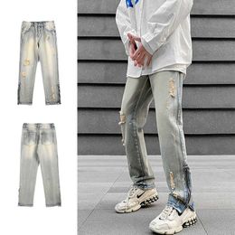 Men's Jeans Street Trend Distressed Small Leg Zippered Pants Yellow Mud Dyed Washed Versatile Trendy Brand Split