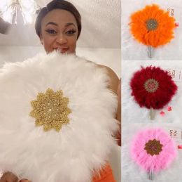 Decorative Figurines African Mariage Handle Fan White Feather Big Hand Nigerian Dance Performance Party Bridal Fans For Bride Wedding new 0125
