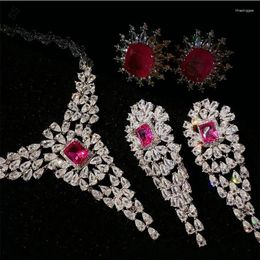 Necklace Earrings Set Rouge Magenta Floral Pink Zircon Gemstone 2 Pieces Earring Pendant Romantic Court Series For Evening Party