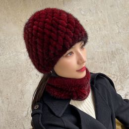 Womens Real Mink Fur Hat +Scarf Set Knitted Cap Beanie Winter Warm Neck Warm Collar Ski Outdoor Cap