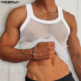 Men's Tank Tops Men Tank Tops Mesh See Through Sexy Summer O-neck Sleeveless Vests 2023 Streetwear Fitness Stylish Men Clothing S-5XLL240124