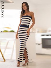Work Dresses Fantoye Knitted Sexy Off Shoulder Striped Women Skirt Suit Blue Sleeveless Crop Top High Slit Female Summer Two Piece Sets