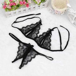 Sexy Set Sexy Lace-up Lingerie Set Women Hot Exotic Open Crotch Transparent Lace Embroidery Underwear G-string Bandage Three-point Set