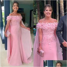 Mother'S Dresses Elegant Pink Mother Of The Bride Dresses With 3D Floral Appliques Off Shouder Long Wedding Guest Dress Custom Made Wo Otkxz