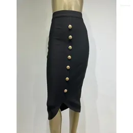 Skirts 2024 Bandage Dress Metal Button Front Slit Elegant Knee-Length Sheath Skirt