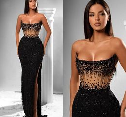 Luxury Black Sequins Evening Party Dress Strapless Sleeveless Silt Crystal Beads Sheath Prom Formal Gowns for Women Nightclothes Robe De Soiree