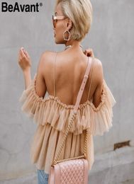 BeAvant Backless v neck sexy blouse summer 2018 Strap ruffle mesh blouse shirt women Off shoulder peplum tops blusas shirt femme7789732