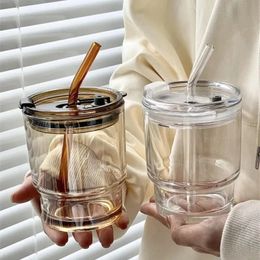 400/450ml coffee cup single glass cup with lid and straw transparent bubble tea cup juice milk mocha cup breakfast cup 240125