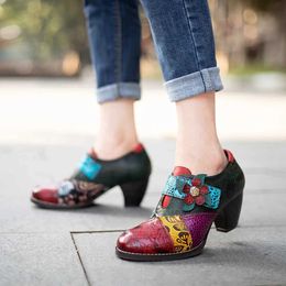 Dress Shoes Vintage Handmade Print Stitching Women Pumps Oxfords Shoes Ethnic Style Genuine Leather Chunky High Heels Women hoes BroguesL231228