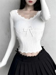 Women's Sweaters White Sweater Women Spring Long Sleeve Square Collar Thin Knitwears Spice Girl Y2K Tops Korean Style Lace Up Skinny Crop