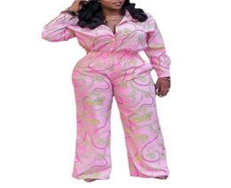 4XL 5XL Plus Size Jumpsuits and Rompers For Women Large Pink Printed Single Breasted Full Sleeve High Waist Elegant Jumpsuit6887933