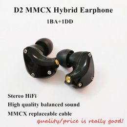 Headphones D2 MMCX Hybrid Earphones 1BA + 1DD HIFI Earbuds Custom Made Stereo MMCX Headphones Sport DJ Monitor Headset Noise Canceling IEM