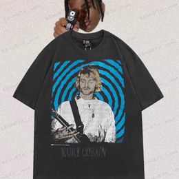 Men's T-Shirts Men Print Streetwear Kurt Donald Cobain Rock Vintage Unisex Washed Oversized Graphic Loose T-shirt T Shirt Tee Brand Homme T240126