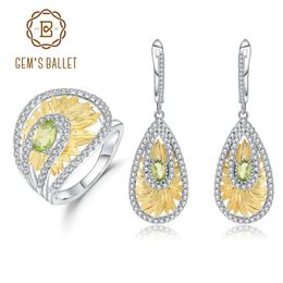 Charm Gem's Ballet Sterling Sier Handmade Ring Earrings Sets 1.89ct Natural Peridot Gemstone Suower Jewelry Set for Women