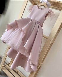 Girl Dresses Pink High Low Pretty With Bow Feather O Neck Flower Dress Kids Children Birthday Party Gown