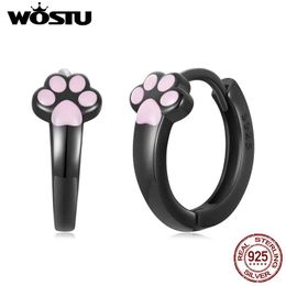 Earrings WOSTU 925 Sterling Silver Lovely Pink Cat Paw Hoop Earrings Women Black Kitty Claw Ear Buckles Girl Party Jewellery Birthday Gift