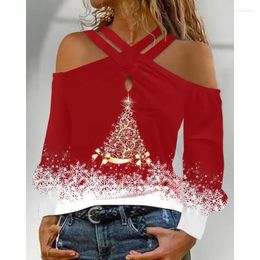 Women's Blouses Christmas Tree Print Colorblock Criss Cross Top Shirt Autumn Winter Women Elegant Long Sleeve Off Shoulder T-shirt Y2K