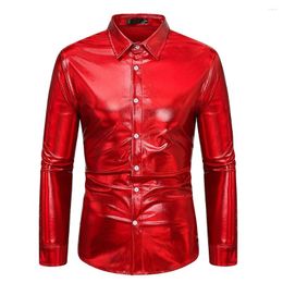 Men's Dress Shirts Fashion Men Shirt Top Attractive Autumn Disco Gold/Silver/Pink Lapel Long Sleeve Nightclub Party Sexy Shiny