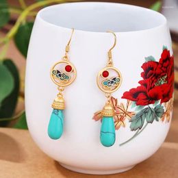 Dangle Earrings Ancient Gold Craft Inlaid Long Turquoise For Women Enamel Auspicious Cloud Characteristic Ethnic Style Wedding Jewelry