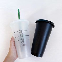 601-700ml Black White With Temperature Mugs Straw Cup With Lid Water Cup Plastic Tumbler Matte Milk Tea Coffee Drinks Cup 240124