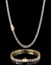 Hip Hop 3mm 4mm 5mm Spring Buckle Zircon Tennis Chain Necklace Real Gold Plating One Row Diamond Necklace Bracelet8517398