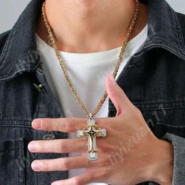 Rock Cross Necklace For Men,14K White Gold Stylish Byzantine Chain,Catholic Crucifix Pendant Collar Jewelry 5309