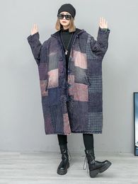 Women's Trench Coats Worn Out Hooded Long Sleeved Mid Length Cardigan Cotton Thick Single Breasted Streetwear Wide-waisted Patchwork Coat