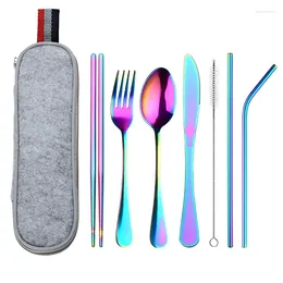 Dinnerware Sets 410 Stainless Steel Knife Fork Spoon 304 Straw Chopsticks Travel Bag Outdoor Tableware Set