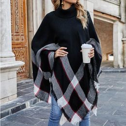 Women's Hoodies High-necked Plaid Fringed Shawl Sweater Coat In Autumn And Winter Of 2024