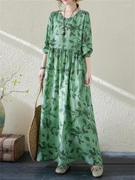 Casual Dresses 2024 Spring Autumn Cotton Vintage Floral Green For Women Loose Long Fashion Elegant Dress Office Lady Clothing