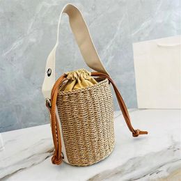 Summer String Bucket Bag Straw Crossbody Bags Women Weave Handbag Purse Genuine Leather Shoulder Bags Detachable Thin Strap Pouch 206e