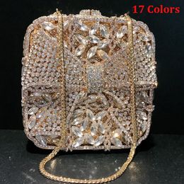 17 Colors Gold Bow Crystal Clutches Square Rhinestone Evening Bag Party Prom Handbags Luxury Women Wedding Bridal Purses 240125