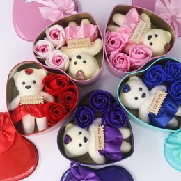 Decorative Flowers Valentine's Day Gift Creative Soap Flower Kawaii Bear Rose Heart Shaped Box Wedding Party Room Decor