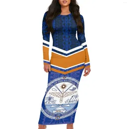 Casual Dresses Polynesian Marshallese Horde Blue Insignia Print 2024 Spring/Summer Office Lady Solid Long Fishtail Dress Evening Wear S-7XL