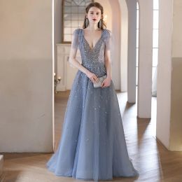 Luxury Long Evening Dresses V Neck Beaded Evening Dresses Sleeveless A Line Floor Length Custom Made for Women