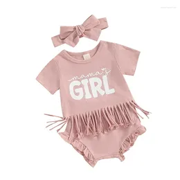 Clothing Sets Baby Girl Shorts Outfit Mama S Short Sleeve Tassel T-Shirt Ruffled Headband Summer Clothes