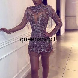 2024rhinestones mini dress sparkly crystals high neck long sleeve transparent silver Slim and sexy women evening tassels party dress