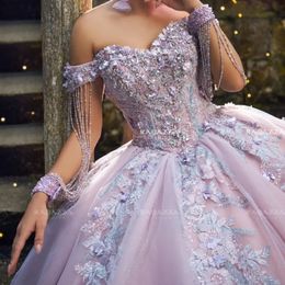 Sparkly Lilac Ball Gown Quinceanera Dress Elegant Luxury Prom Dresses 3D Floral Appliques Lace Beads Tull Party Birthday vestidos de 15