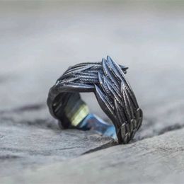 Band Rings Vintage Stainless Steel Unique Mens Angel Wings Feathers Ring Bird Rings for Men Biker Punk Jewelry Male Bijoux Gifts for him 240125