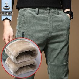 2023 Winter Fleece Warm Corduroy Pants Men Business Fashion Slim Fit Stretch Thicken Grey Green Fluff Casual Trousers Male y240122