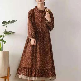 Casual Dresses 2024 Autumn Women Dress Japan Style Literary Fresh Ruffle Stand Collar Floral Print Cotton Linen Loose Long Sleeve