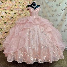 Quinceanera Pink Princess Applique Lace Ball Birthday Gown Tulle Lace -Up Sweet 16 Dresses Vestidos de 15 -Up