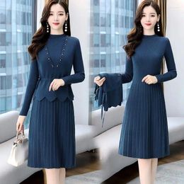 Work Dresses Women's Knitwear Set Female Fashion Long Sleeve Sweater Dress And Knitted Halter Vest Outfit G530