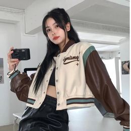 Women's Jackets High Waisted Vintage Baseball Jacket Women 2024 Fashion Autumn Long Sleeve Button Varsity Y2k Harajuku Spliced Coat