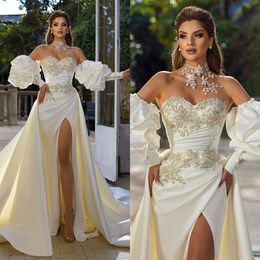 Laço elegante apliques sereia vestidos de casamento lado dividir vestidos de noiva com overskirts feito sob encomenda plus size vestido de novia