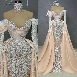 Graciosa pérolas luxo sereia vestidos de casamento sheer alta pescoço ilusão vestidos de noiva renda frisada bordado vestido de noiva feito sob encomenda